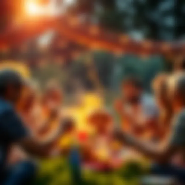 A joyful family reunion with people of all ages coming together, sharing laughter and creating memories outdoors.