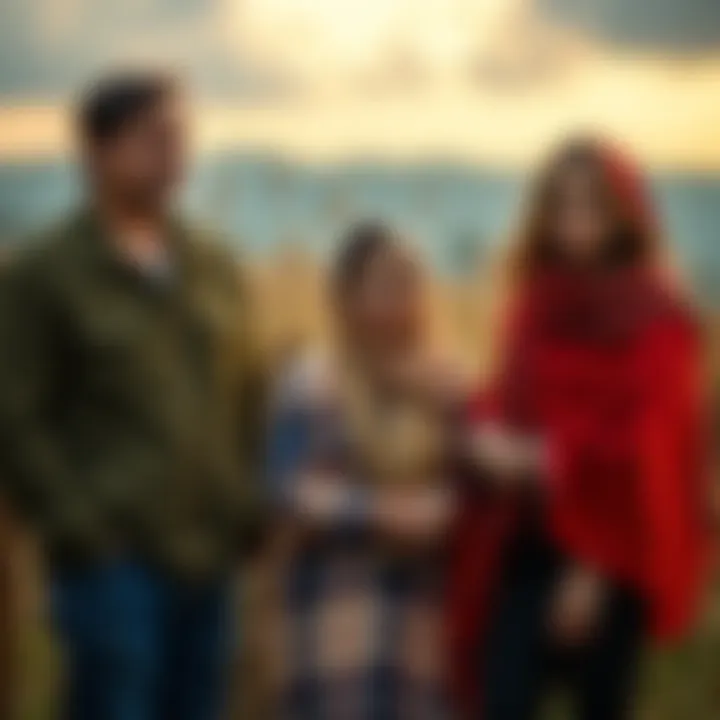 A family stands together in a rural setting, showing their connections and emotions through their expressions and interactions, surrounded by the warmth of nature.
