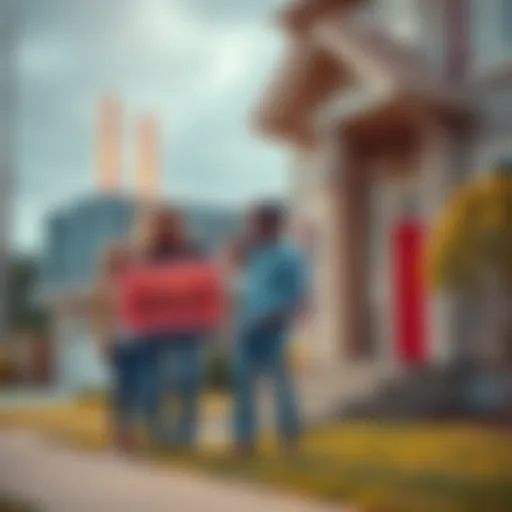 A family stands outside their home with a sold sign, looking concerned about their future, as local data centers grow in the background.