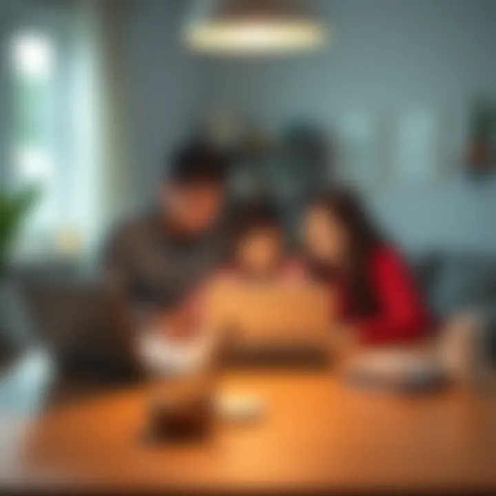 A family sitting at home together, with a laptop on the table, discussing future plans and family goals, symbolizing the impact of remote work on family planning