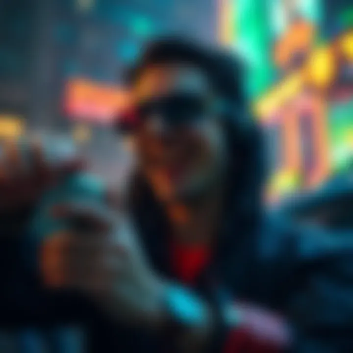 Fan Embracing AI and Technology A fan excitedly looks at futuristic AI technology, inspired by themes from The Matrix, reflecting a mix of thrill and caution about the future.