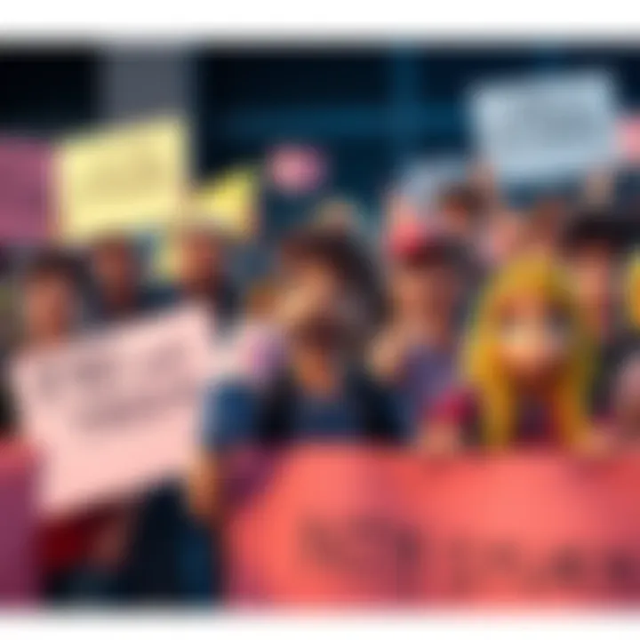 A group of fans holding signs and banners expressing their desire for the return of the character Pipsqueak, with a mix of emotions on their faces.