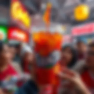 A colorful cup filled with the new Fanta and Coca-Cola slop drink, surrounded by curious people discussing it.