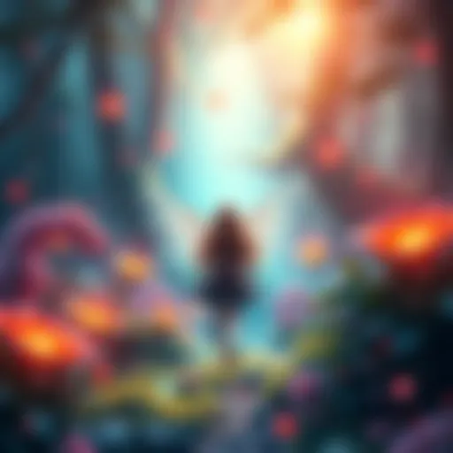 A colorful fantasy girl stands in an enchanted forest, surrounded by magical creatures and glowing plants.