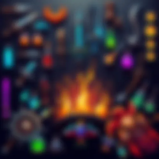 A collection of 16×16 pixel icons depicting weapons, potions, and magical items for RPG games.