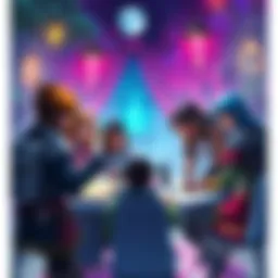 A group of diverse artists brainstorming and sketching ideas for a fantasy RPG game, featuring a magical setting with vibrant colors and detailed character designs.