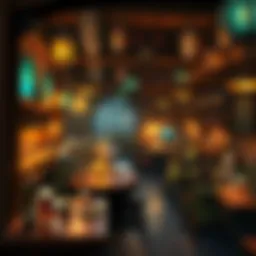 A lively medieval pub filled with orcs and elves enjoying drinks and food, with flickering lights and detailed props creating an immersive atmosphere.