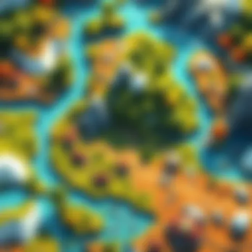 A colorful, procedurally generated game map featuring diverse tile designs and landscapes for FantasySim.