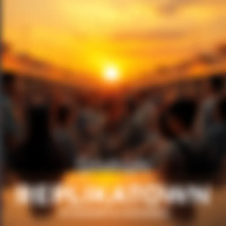 A digital community gathering showing people reflecting on their time in Replikatown, with a sunset background symbolizing the end of an era.