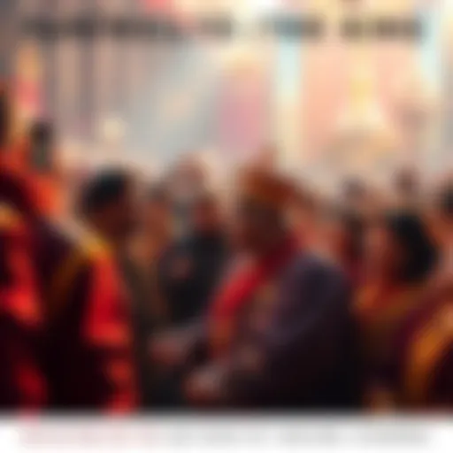 A royal gathering as people share emotional moments during the Last Night of the King, showing sadness and reflection.