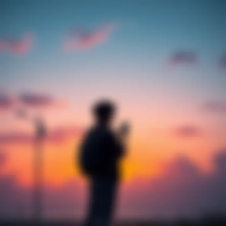 A creative person stands looking at a phone, reflecting on their experiences with an app, feeling nostalgic