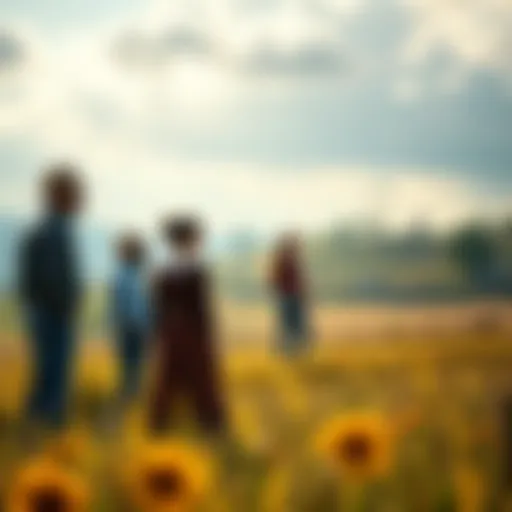 The Farmer's Daughter stands in a field contemplating her choices among potential partners, with a picturesque farm setting in the background.