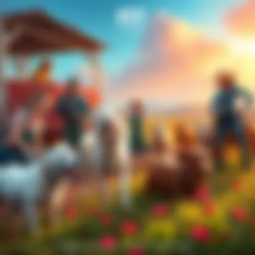 Players engaging in farming activities, with dogs and livestock in a vibrant setting, showcasing competition and friendship