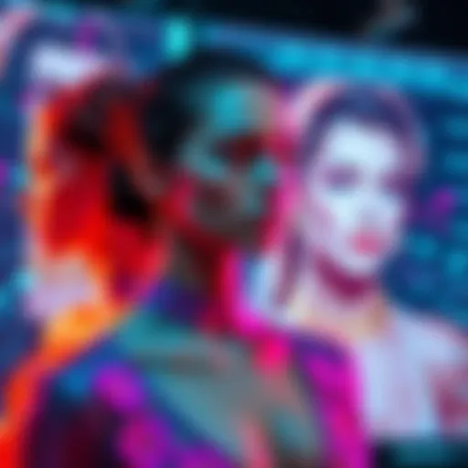 A fashion model stands in front of a digital screen showing AI-generated beauty visuals, reflecting the blend of real and artificial beauty standards in the industry.