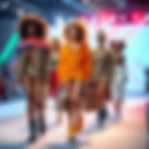 A group of fashion models of various backgrounds displaying innovative clothing styles on a runway