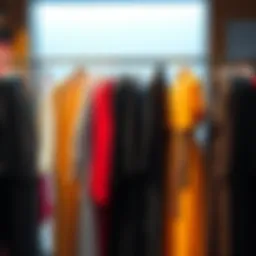 A stylish display of classic suits and elegant dresses on a clothing rack, showcasing a blend of vintage and modern fashion