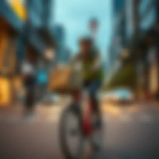 Delivery person riding a bicycle with a food bag in the city