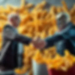 Fast food executives from major chains shake hands in front of a backdrop of fries, signaling peace after years of competition.