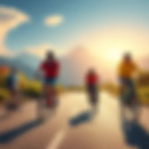 A group of friends cycling on a scenic road, enjoying their biking journey together.