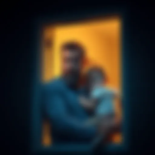A worried father looks out of his home window while holding his child, showing concern for their safety after a police tracking incident.