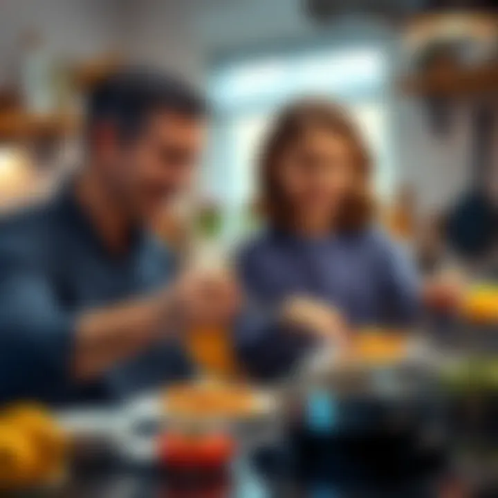 A father and daughter are happily preparing pancakes in their kitchen, using AI tools for guidance, with smiles on their faces.
