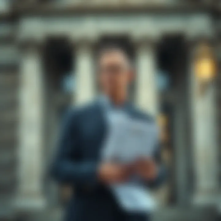 A father holding legal documents, looking concerned as he stands outside a courthouse, symbolizing a lawsuit against Google for his son's death associated with a chatbot.