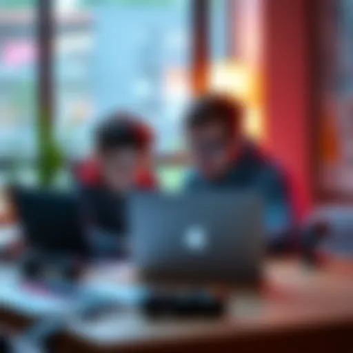A father and his 10-year-old son sitting together at a table with a laptop, exploring game development ideas and programming languages like C++ and C#