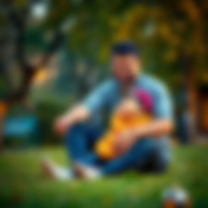 A father and his son laughing and playing together in a park, showing joyful interaction