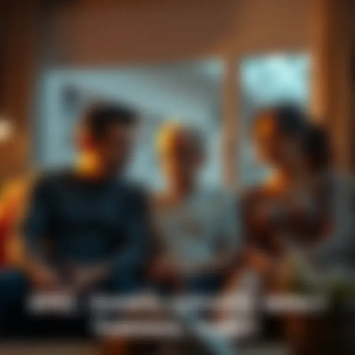 A worried father sitting with his family in a living room, expressing concern about the recent layoffs affecting their life insurance.