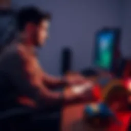 A 30-year-old man seated at a desk, focused on a computer screen showing game design software, with sketches of prehistoric big cats around him. A baby toy is nearby, symbolizing his journey into game...