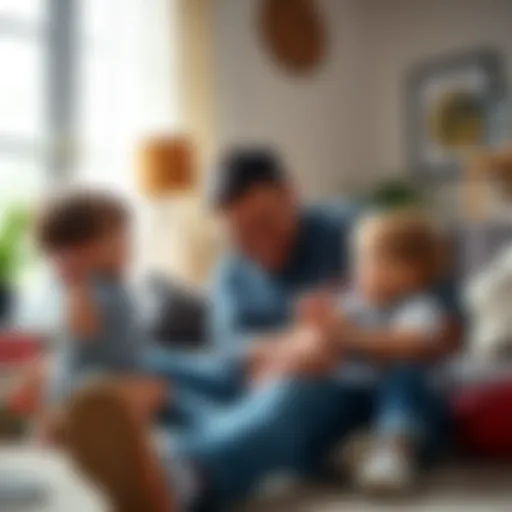 A dad engaging in playtime with his children in a living room setting, showcasing modern parenting roles