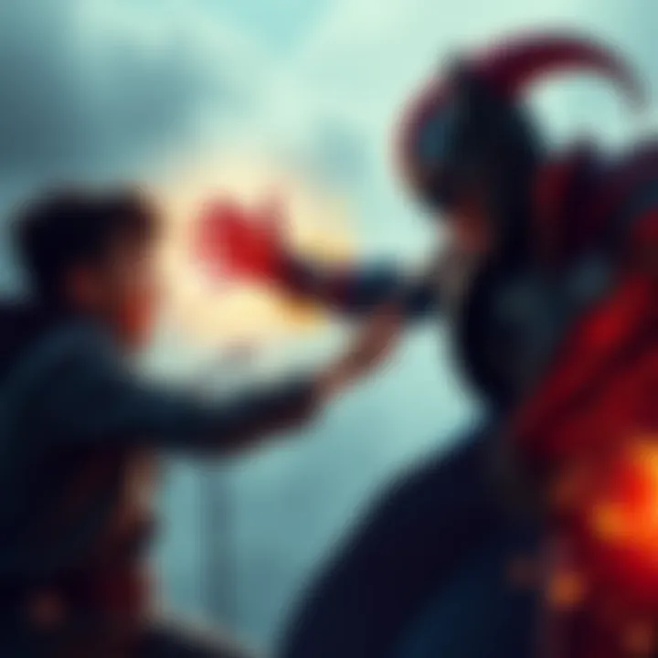 A son fights his resurrected father, who has become a super villain, in an intense family showdown, showcasing dramatic emotions and comedic elements.