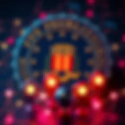 A representation of the FBI logo with location pins and surveillance icons, highlighting privacy concerns over location data collection.