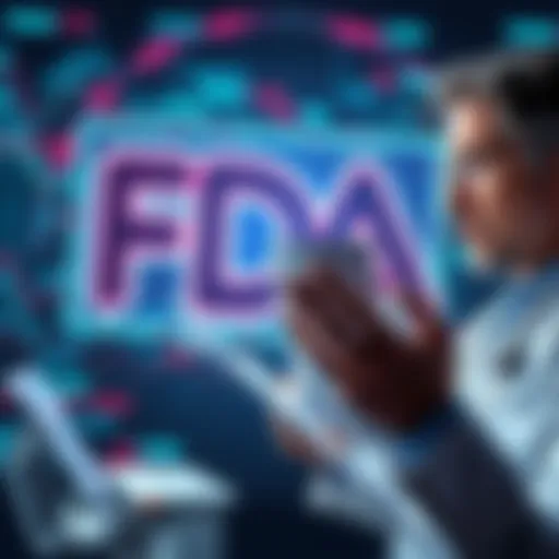 A concerned doctor reviewing papers with a backdrop of the FDA logo and digital data, symbolizing scrutiny of drug approval processes.