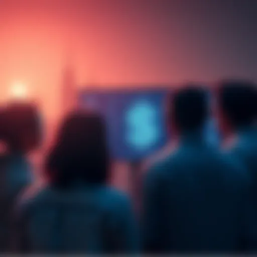 A worried group of people looks at a screen displaying AI technology with dollar signs, symbolizing concerns about wealth concentration and economic disparity.