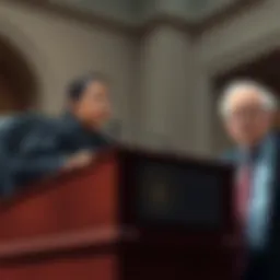 A federal judge speaks at a podium, discussing the unconstitutional ruling on Flock search, while AOC and Bernie Sanders stand by with concerned expressions.