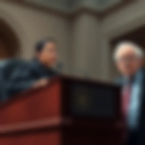 A federal judge speaks at a podium, discussing the unconstitutional ruling on Flock search, while AOC and Bernie Sanders stand by with concerned expressions.