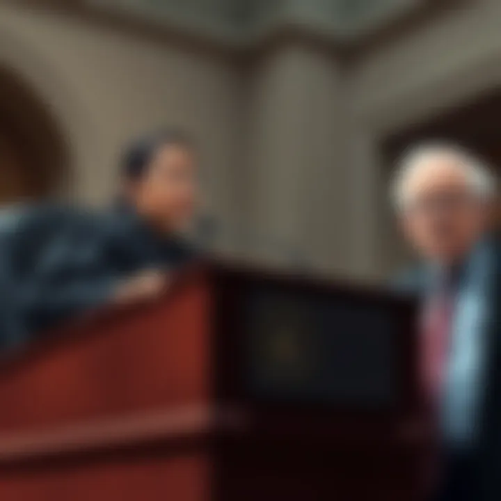 A federal judge speaks at a podium, discussing the unconstitutional ruling on Flock search, while AOC and Bernie Sanders stand by with concerned expressions.