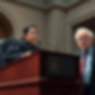 Federal Judge Ruling on Surveillance A federal judge speaks at a podium, discussing the unconstitutional ruling on Flock search, while AOC and Bernie Sanders stand by with concerned expressions.