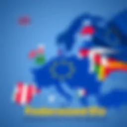 A map of Europe showing a unified European Union with flags of member states merging together, symbolizing cooperation and unity.