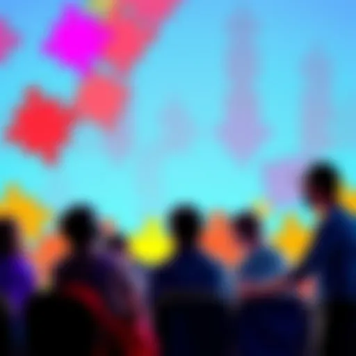 Gamers giving feedback on Pieceful's new puzzle mechanics with colorful puzzle pieces in the background