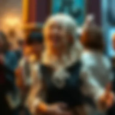 A character dressed as a female Malfoy, laughing and interacting with fans in a lively setting