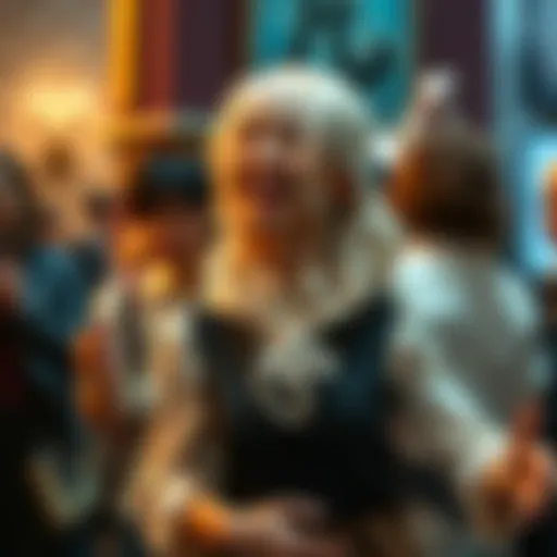 A character dressed as a female Malfoy, laughing and interacting with fans in a lively setting