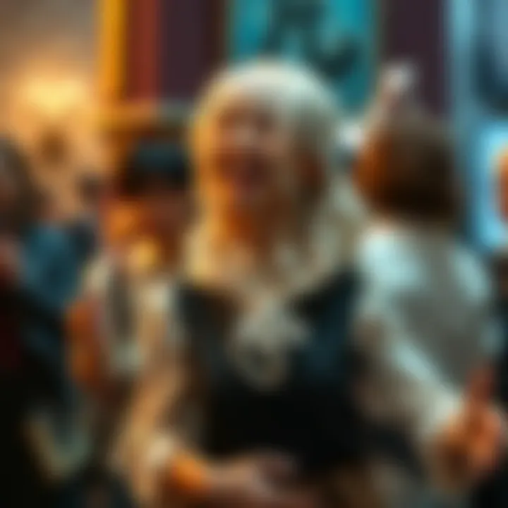 A character dressed as a female Malfoy, laughing and interacting with fans in a lively setting