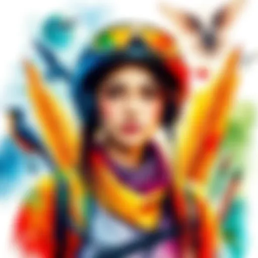 A vibrant watercolor painting showing a female adventurer from a diverse background, surrounded by nature elements, featuring bright gradient colors.