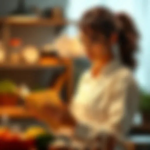 A female cook stands in a kitchen looking puzzled at a recipe book, with ingredients scattered around her, expressing frustration over a cooking reference she's trying to understand.
