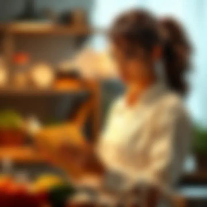 A female cook stands in a kitchen looking puzzled at a recipe book, with ingredients scattered around her, expressing frustration over a cooking reference she's trying to understand.