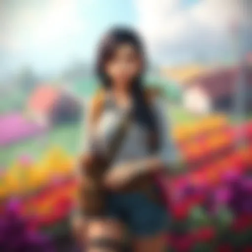 A dark-haired female explorer stands in a vibrant farm setting, surrounded by lush fields and colorful plants, ready for adventure.