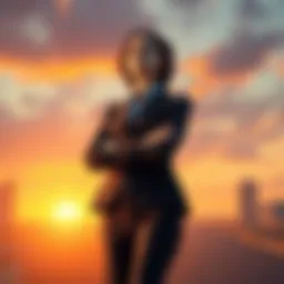 A confident woman in a business suit stands with arms crossed, looking towards the horizon, symbolizing strong female leadership.