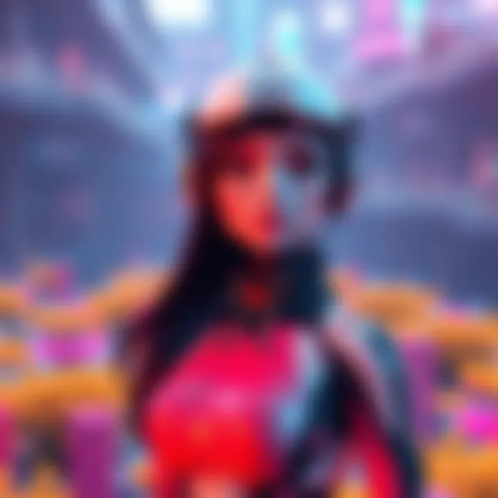 A female virtual character designed with modern AI features standing in a colorful digital landscape.